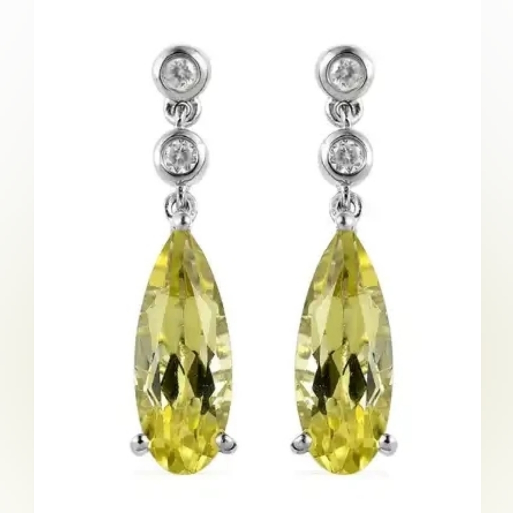 Ouro Verde Quartz and White Zircon Dangle Earrings in Platinum Over SS 925